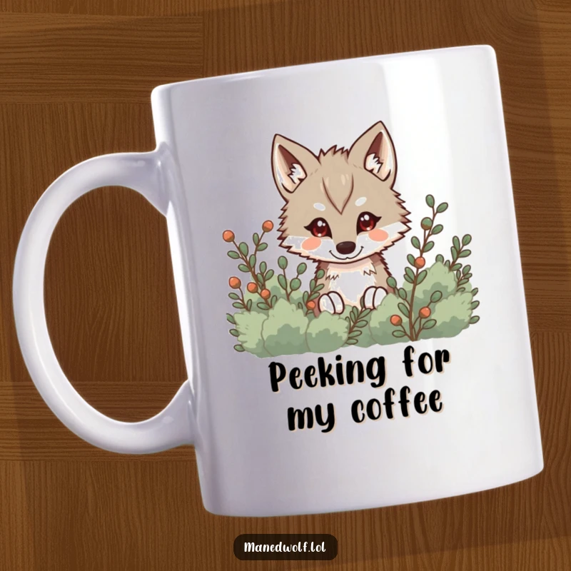 Funny Kawaii Maned Wolf Mug showing a cute wolf peeking from behind bushes, embodying curiosity and playful mischief, ideal for a fun gift.