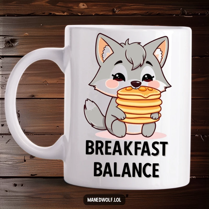 Funny kawaii maned wolf adorably balancing a tall stack of pancakes on its nose, showcasing breakfast prowess.