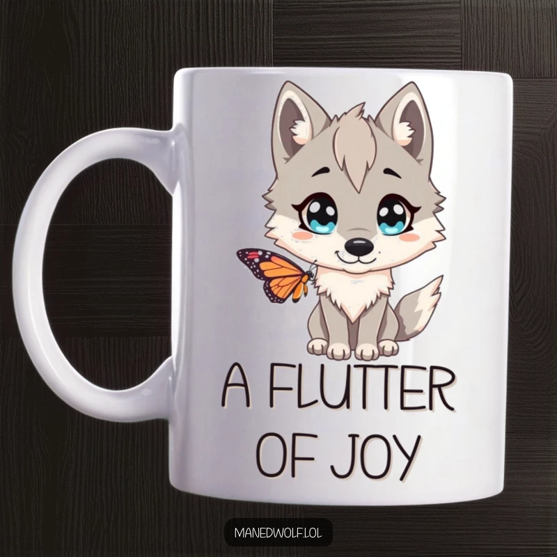 Funny Maned wolf mug, wide-eyed and comically surprised by a fluttering butterfly, showcasing a moment of playful wonder.