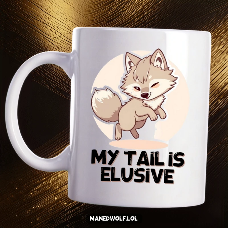 Funny maned wolf mug, a fluffy canine joyfully spinning in circles, chasing its bushy tail with a comical expression.