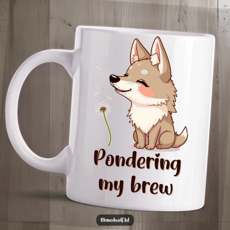 Funny maned wolf mug showing a happy wolf tilting its head quizzically at a floating dandelion seed.