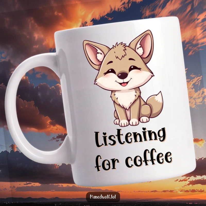 Funny maned wolf mug showing a happy wolf tilting its head, with large ears prominently perked up, listening.