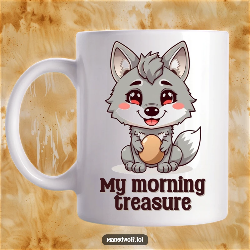 Funny mug of a maned wolf with a cheerful grin, kindly offering a shiny pebble as a thoughtful gesture.