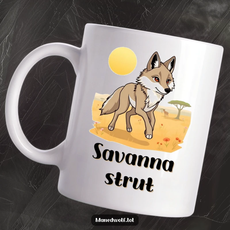 Funny maned wolf mug depicting a graceful wolf with long legs trotting through a bright, sunlit savanna landscape.