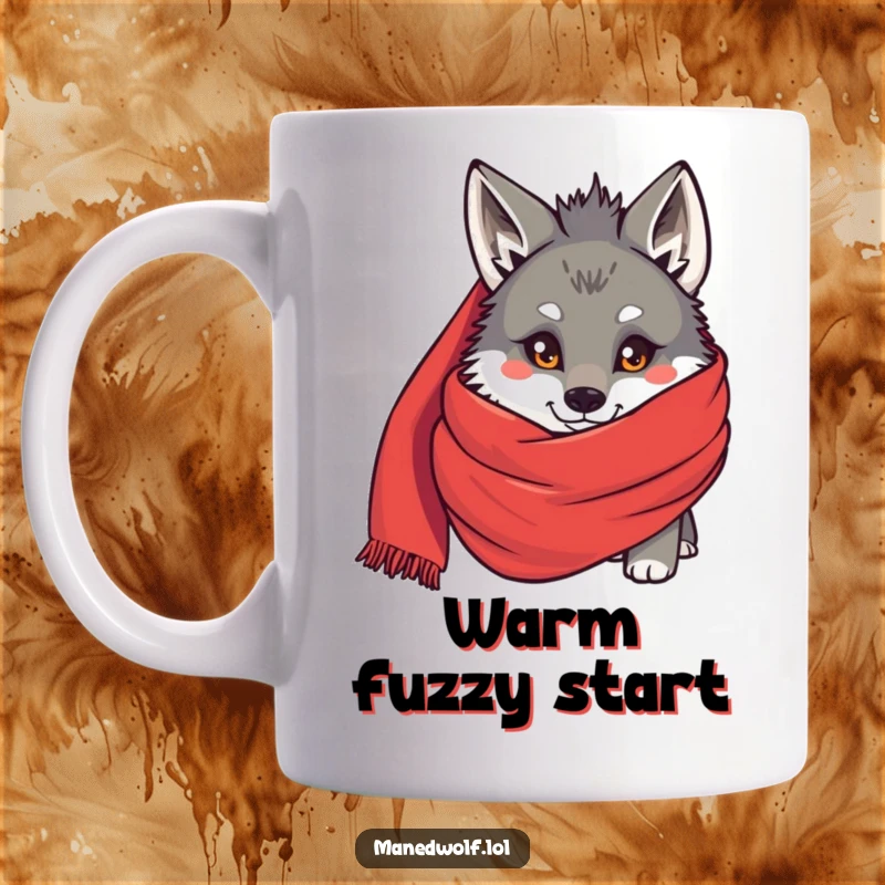 Funny Maned wolf peeking shyly from behind a huge red scarf on a mug, conveying adorable, humorous concealment.