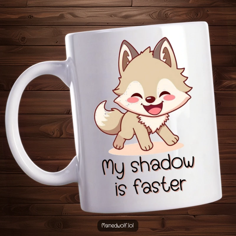Funny maned wolf mug showing a cartoon wolf with a wide grin chasing its own shadow in a playful, humorous scene.