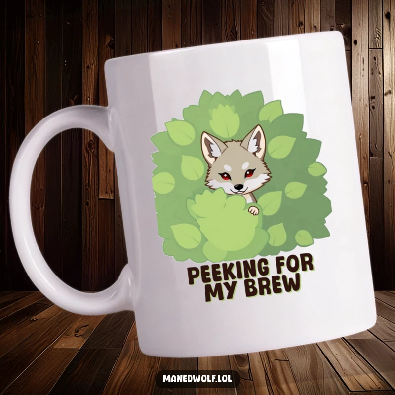 Funny shy maned wolf mug, peeking from behind a large leafy green bush, conveying sweetness and bashfulness.