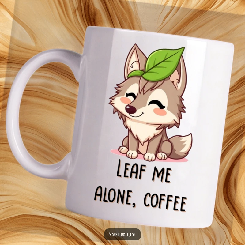 Funny maned wolf mug showing a wolf giggling while wearing a leaf as a makeshift hat, a scene of pure, silly joy.
