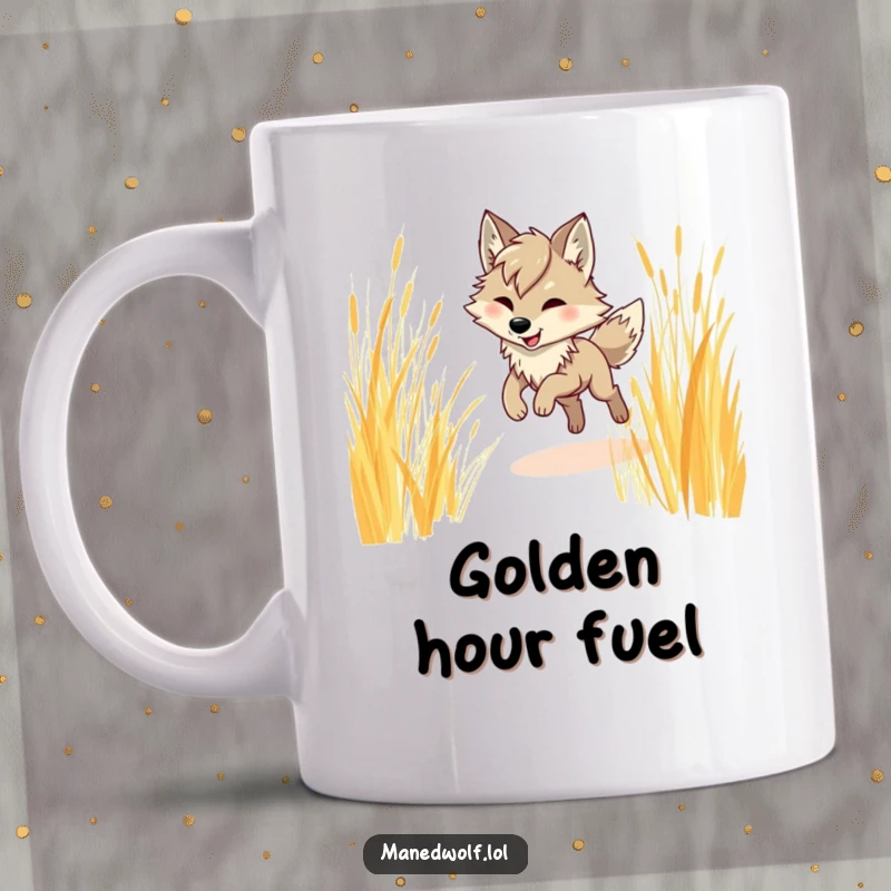 Funny maned wolf mug, a graceful yet quirky maned wolf joyfully prancing with long legs through vibrant, tall golden prairie grass.