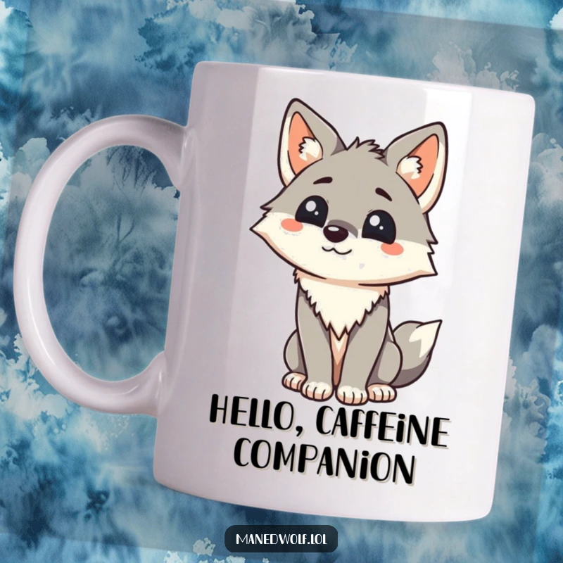 Funny Kawaii Maned Wolf Mug: Wolf tilts head in a friendly greeting, conveying warmth and cuteness, a humorous gift.