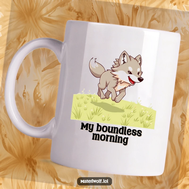 Funny maned wolf mug depicting a happy wolf joyfully bounding with energy across a wide open field.