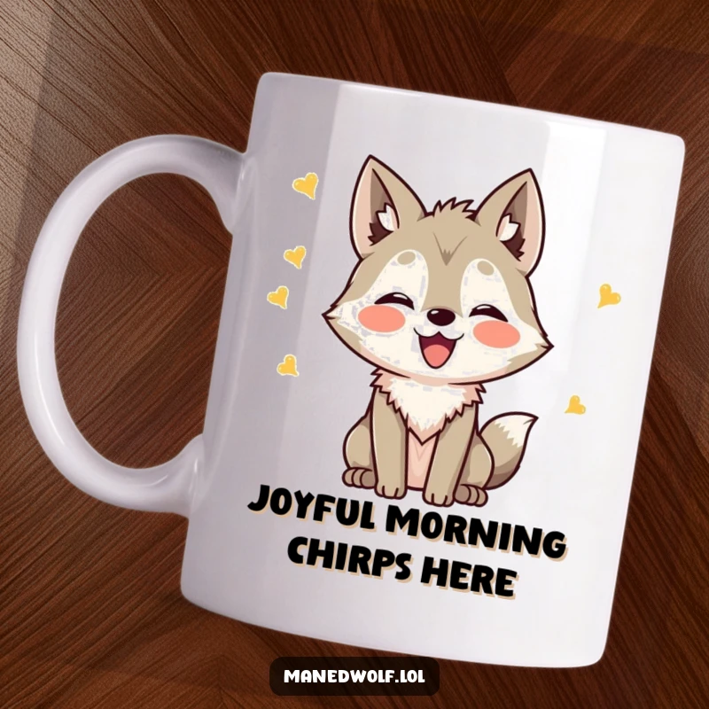 Funny Kawaii Maned Wolf Mug featuring a cute wolf making happy chirping sounds of delight, a perfect funny gift.