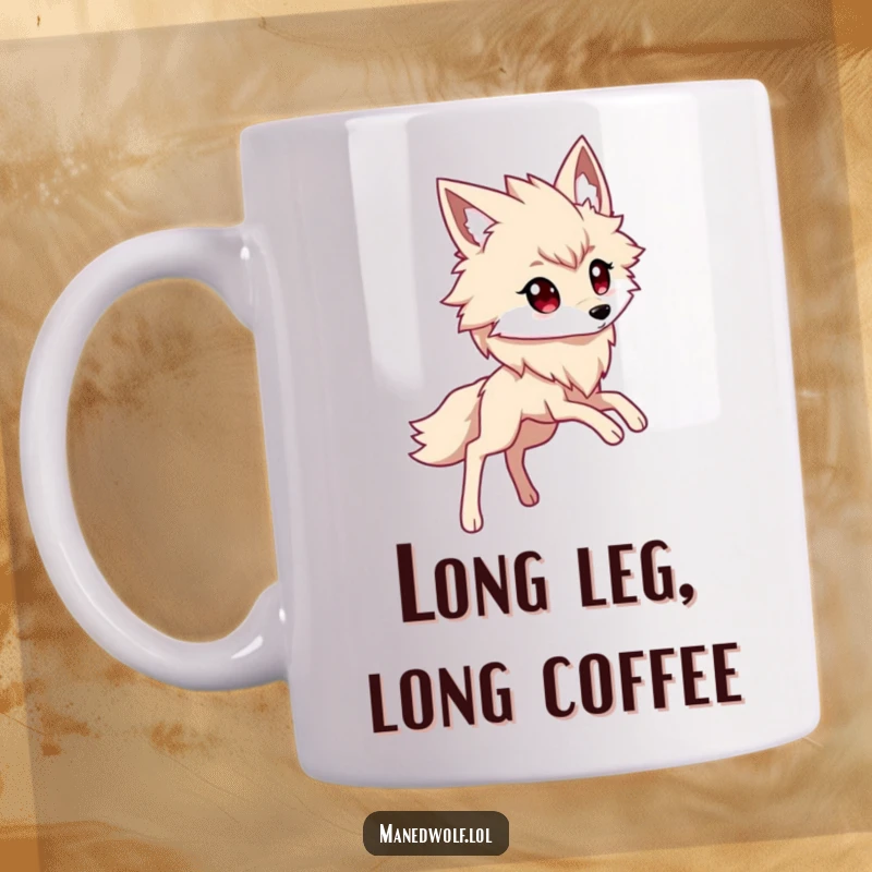 Funny kawaii maned wolf mug featuring a cute character with exaggerated long legs in a confident stride.