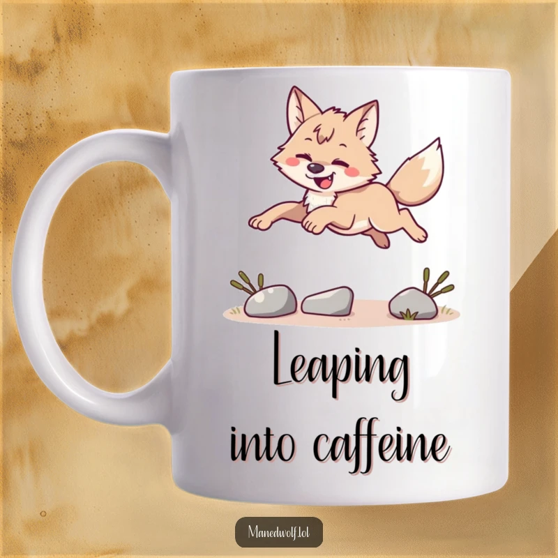 Funny happy maned wolf leaping skillfully over a small obstacle, athletic and joyful mug, perfect funny gift.