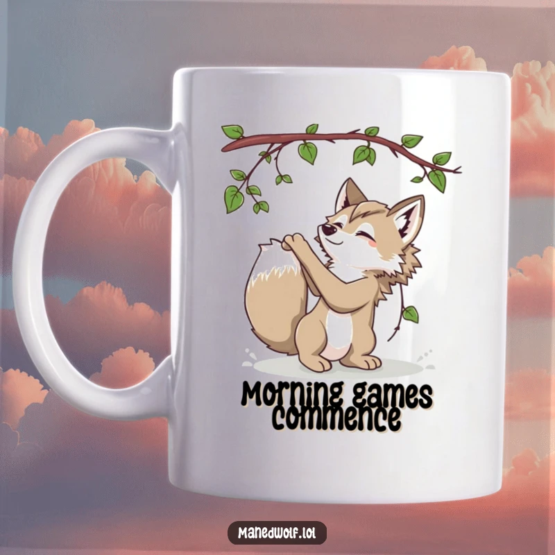 Funny Maned Wolf Mug featuring a playful maned wolf batting at a dangling vine, full of mischievous fun.