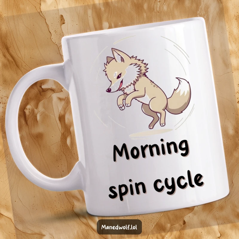 Funny Maned wolf playfully chasing its own tail in a spinning circle on a mug, depicting pure, dizzying humor.