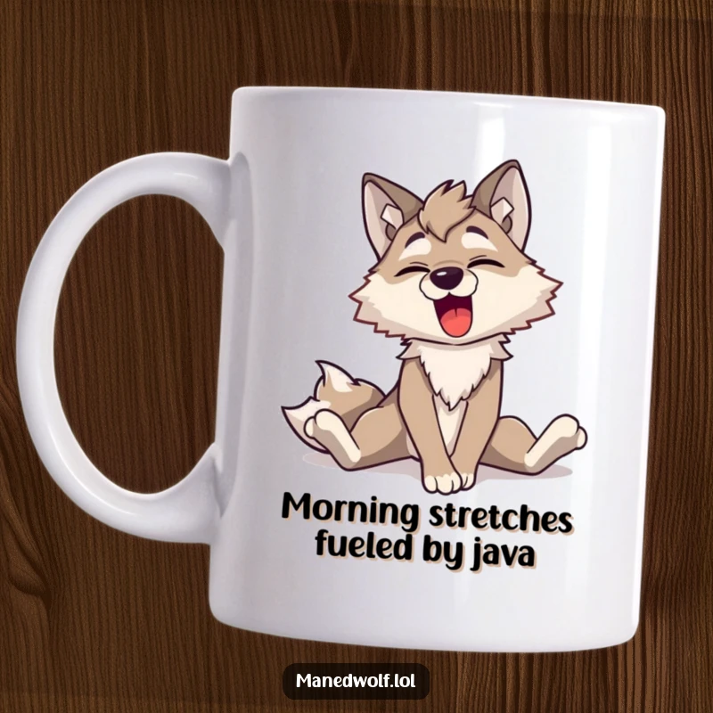 Funny Maned Wolf Stretching Mug: A cheerful maned wolf character with long legs stretching lazily and yawning happily, perfect for a funny gift.