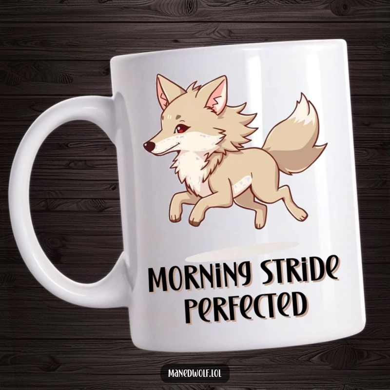 Funny Maned Wolf Mug featuring a maned wolf in a gentle, graceful trot, embodying elegance and humor.
