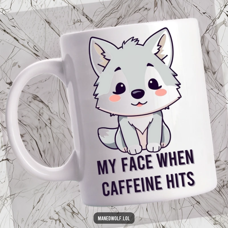 Funny Kawaii Maned Wolf Mug featuring a cute wolf with tilted ears, looking utterly surprised and delighted, a perfect funny gift.