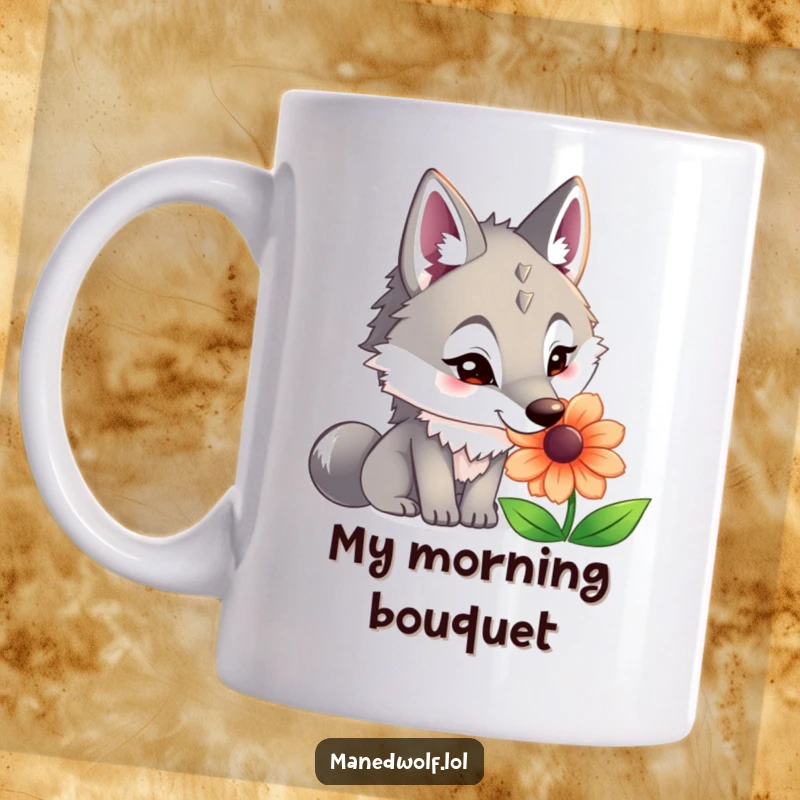 Funny maned wolf mug with a curious expression, delicately sniffing a vivid, colorful flower in a charming art style.