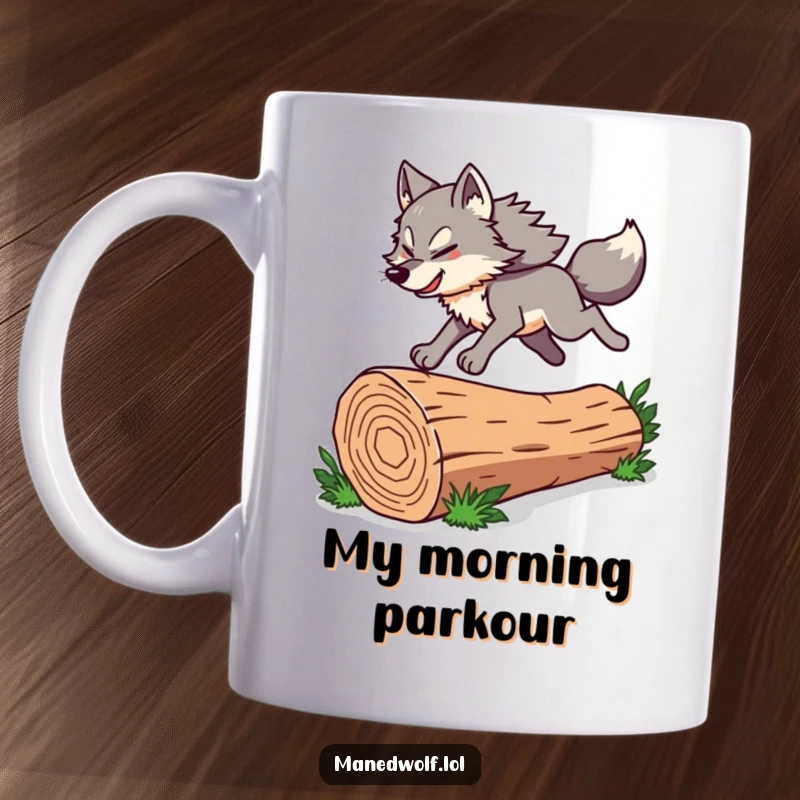Funny Maned Wolf Mug featuring an energetic character leaping dynamically over a fallen log, showcasing speed and fun.