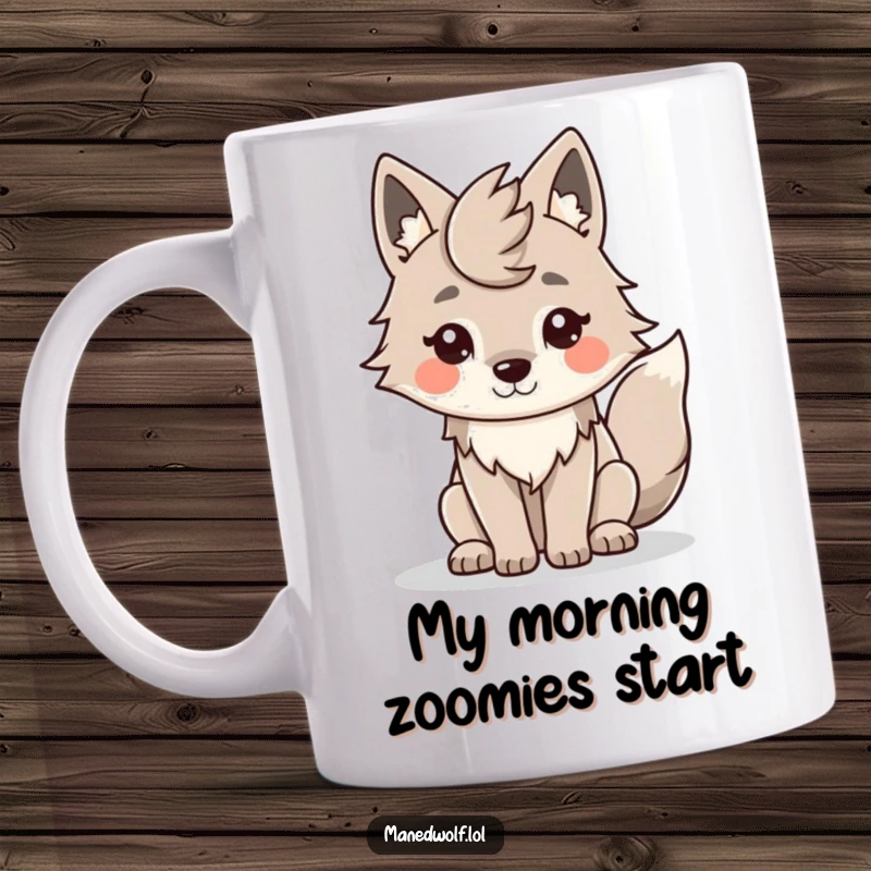 Funny Kawaii Maned Wolf Mug: A cheerful wolf with a sweet smile and wagging tail, ready to brighten your day.