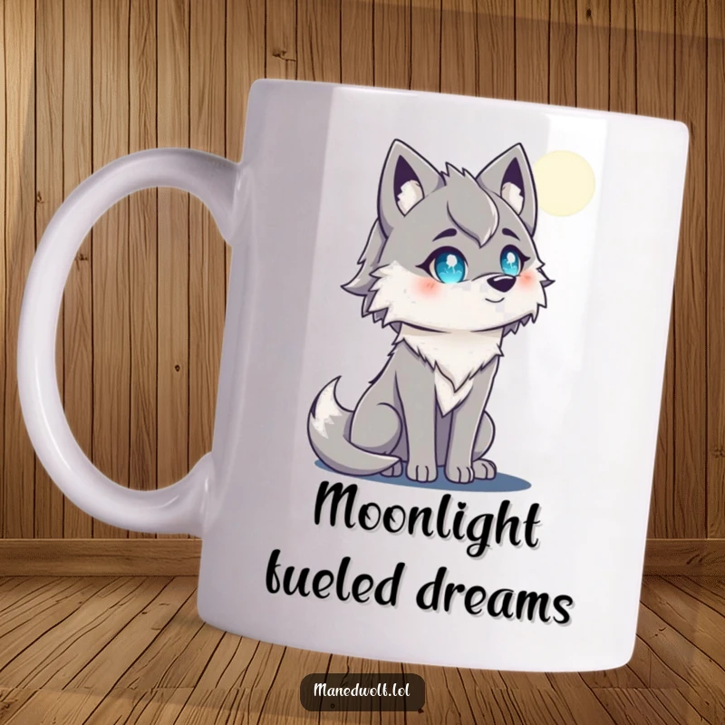 Funny maned wolf mug with sparkling eyes gazing serenely at a luminous full moon in a starry night sky.