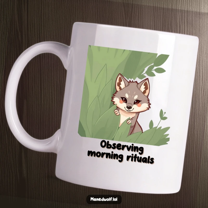 Funny mug featuring a maned wolf curiously peeking out from behind a lush, green leafy bush.