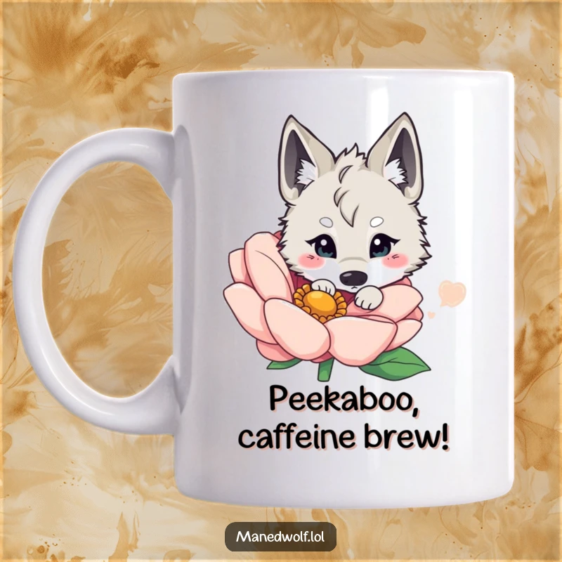 Funny kawaii maned wolf peeking playfully from behind a huge, vibrant flower, showcasing its shy yet curious nature on a mug.