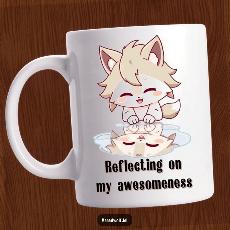 Funny mug featuring a maned wolf character giggling joyfully while looking at its reflection in a puddle.