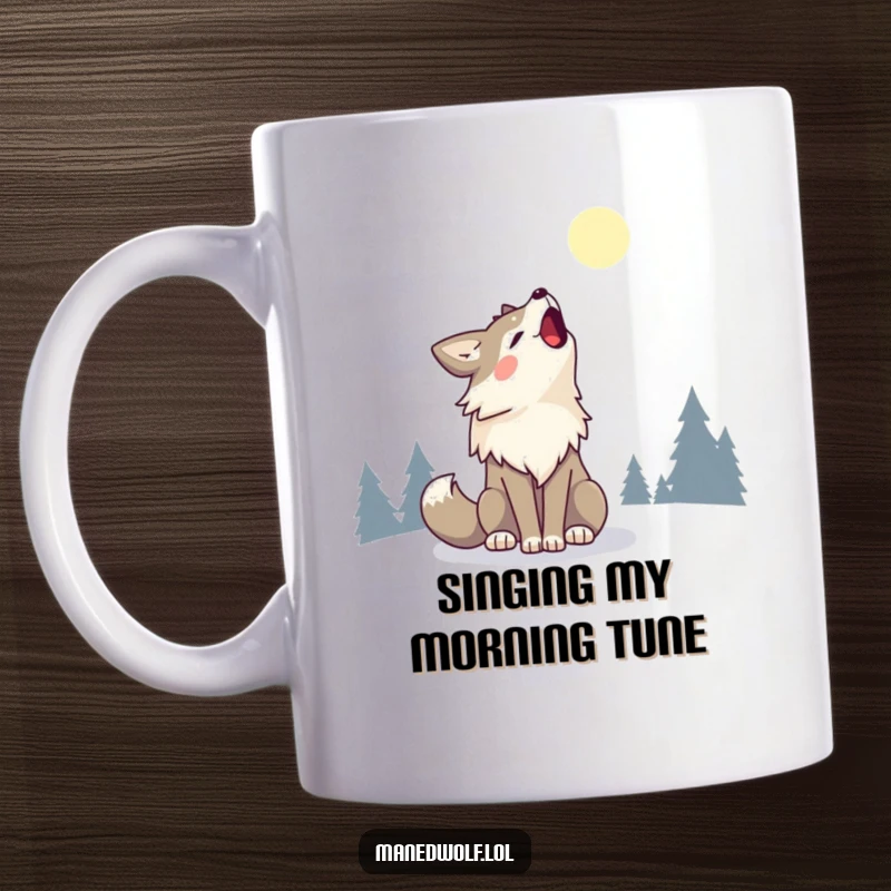 Kawaii Maned Wolf Mug featuring a cute wolf howling happily at the moon, spreading joy and humor.
