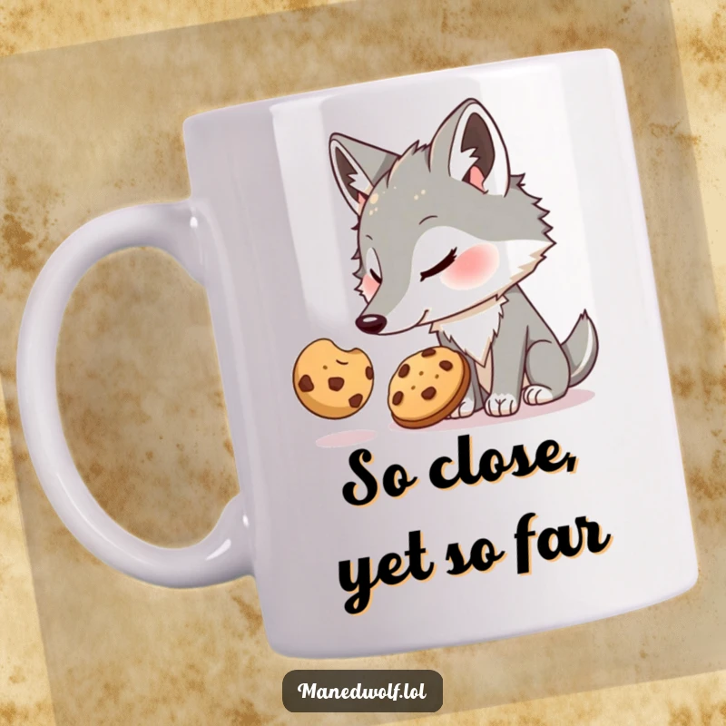 Funny Maned Wolf Mug: A hungry maned wolf stretches desperately for a cookie just out of reach, expressing pure humorous longing.