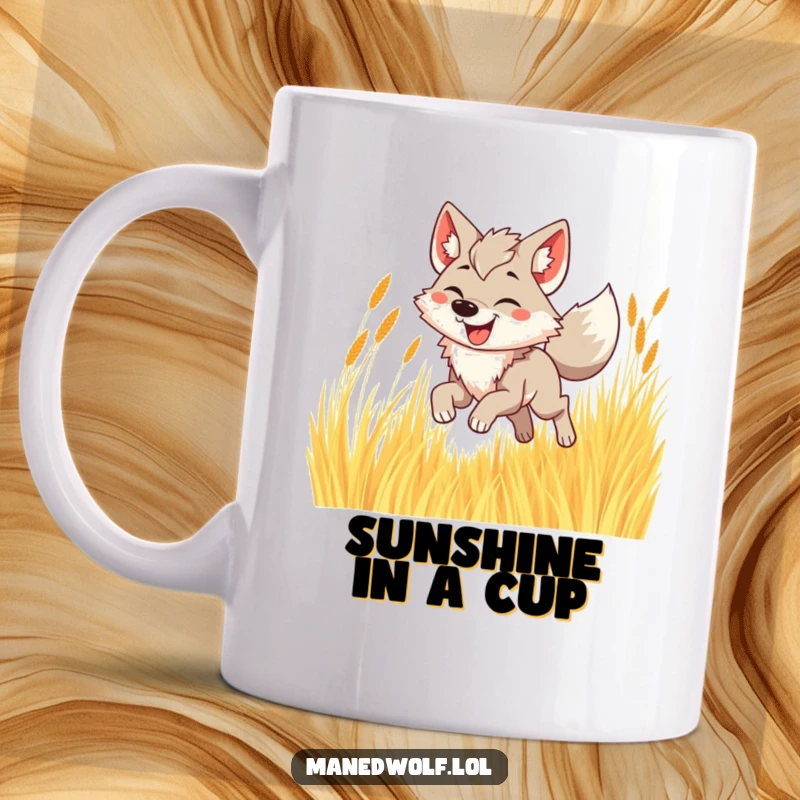 Funny maned wolf mug depicting a joyful wolf bounding through golden grass with a wide, happy smile.