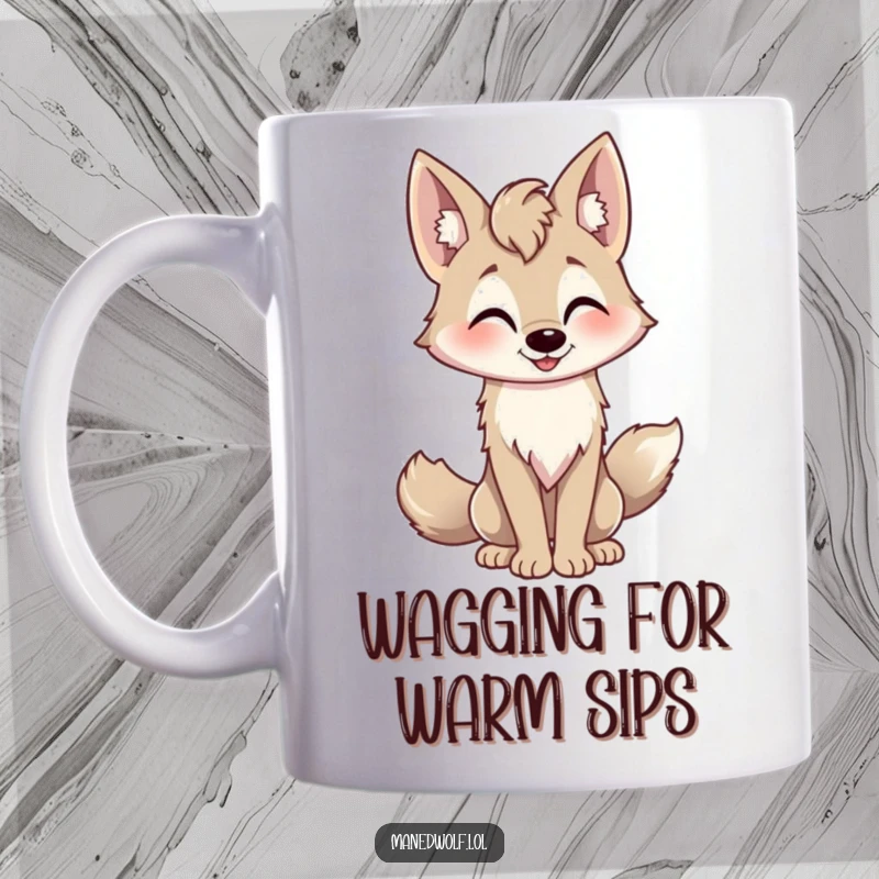 Funny playful maned wolf mug, tail wagging, friendly nod, conveying warmth and approachability.