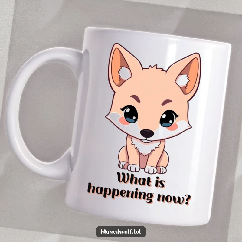 Funny kawaii maned wolf mug featuring a cute wolf looking intently off-screen, sparking curiosity and humor in your day.