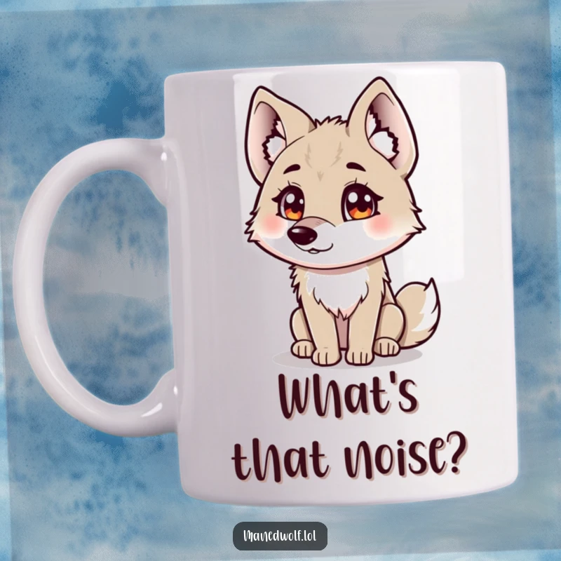 Funny maned wolf mug showing a curious maned wolf with fluffy ears tilting its head inquisitively.