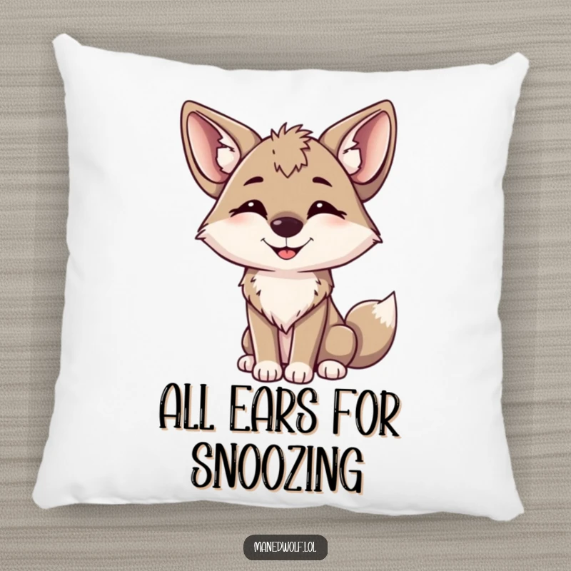 Funny maned wolf pillow showing a happy wolf with its head tilted and big ears listening attentively.