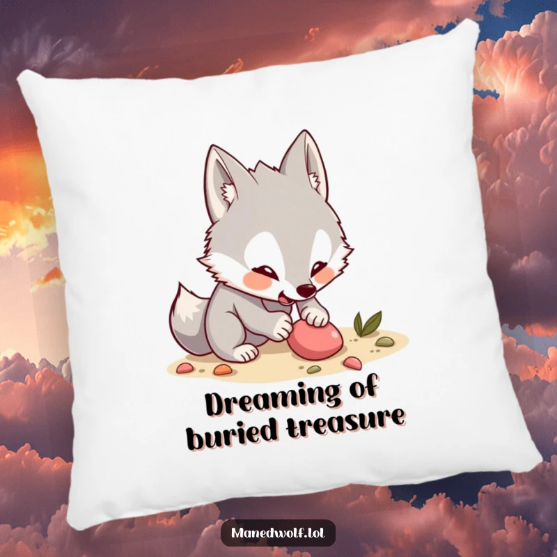 Funny Kawaii Maned Wolf Pillow: A soft pillow featuring an excited wolf digging, perfect for comfort and adding a humorous touch.