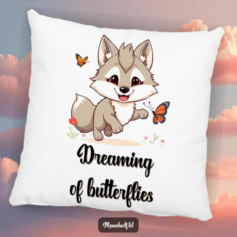 Funny maned wolf pillow with a cheerful wolf happily chasing a butterfly, ideal for cozy decor.