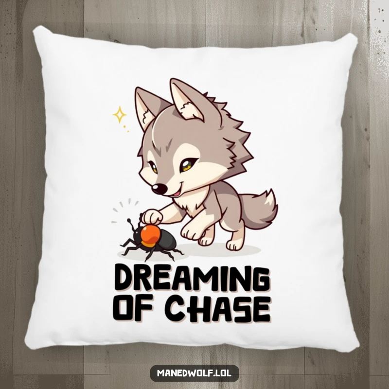Funny pillow with a maned wolf playfully chasing a beetle, bringing comfort and a touch of humorous action.