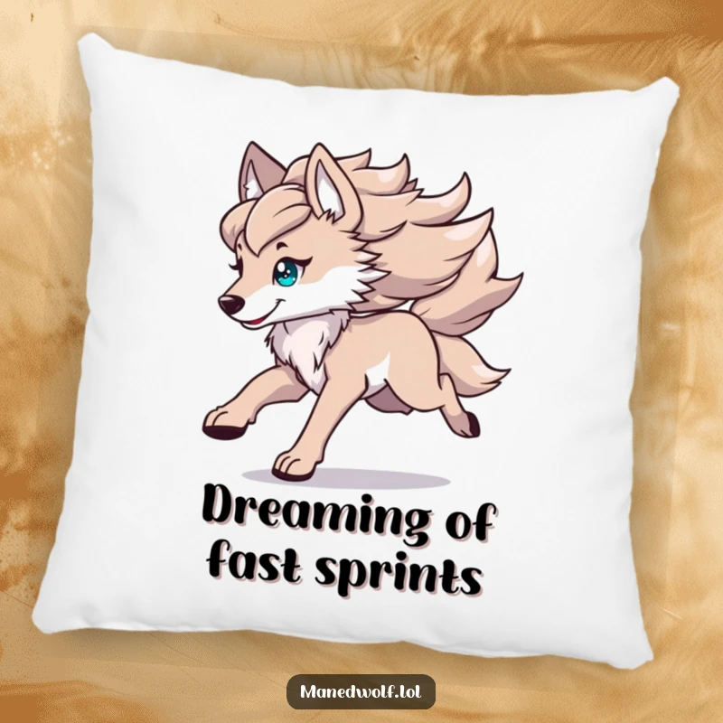 Funny kawaii maned wolf pillow featuring a cute wolf running with its mane flowing, perfect for comfort and a touch of wild decor.