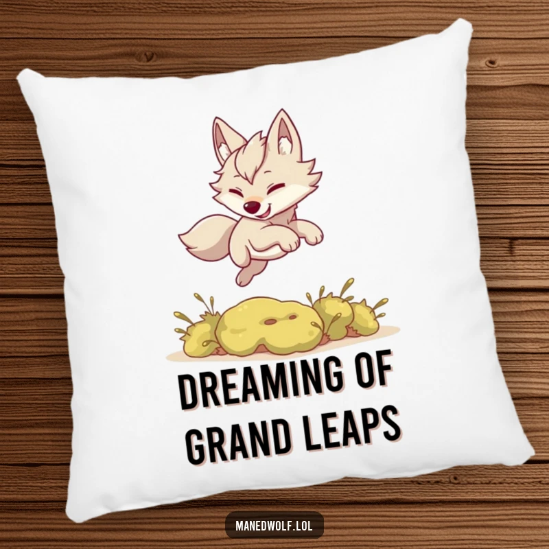 Funny pillow featuring a kawaii maned wolf playfully leaping over a small bush, adorable decorative accent.