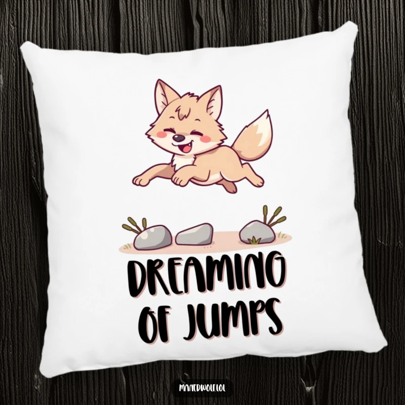 Funny maned wolf leaping over an obstacle, soft decorative pillow, dynamic funny gift.