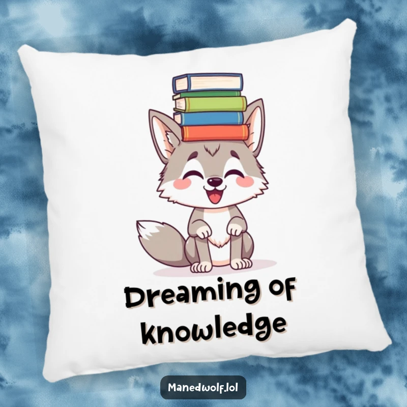 Funny Maned wolf balancing books on its head, featured on a soft pillow, offering humorous comfort for bookworms.