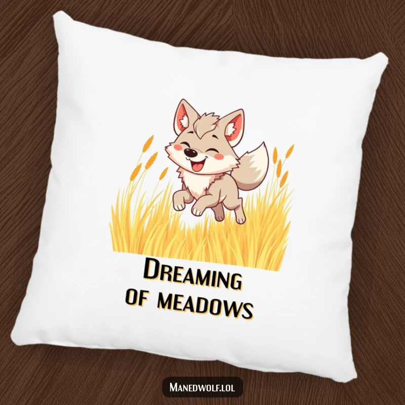 Funny maned wolf pillow showing a happy wolf bounding joyfully through tall golden grass.