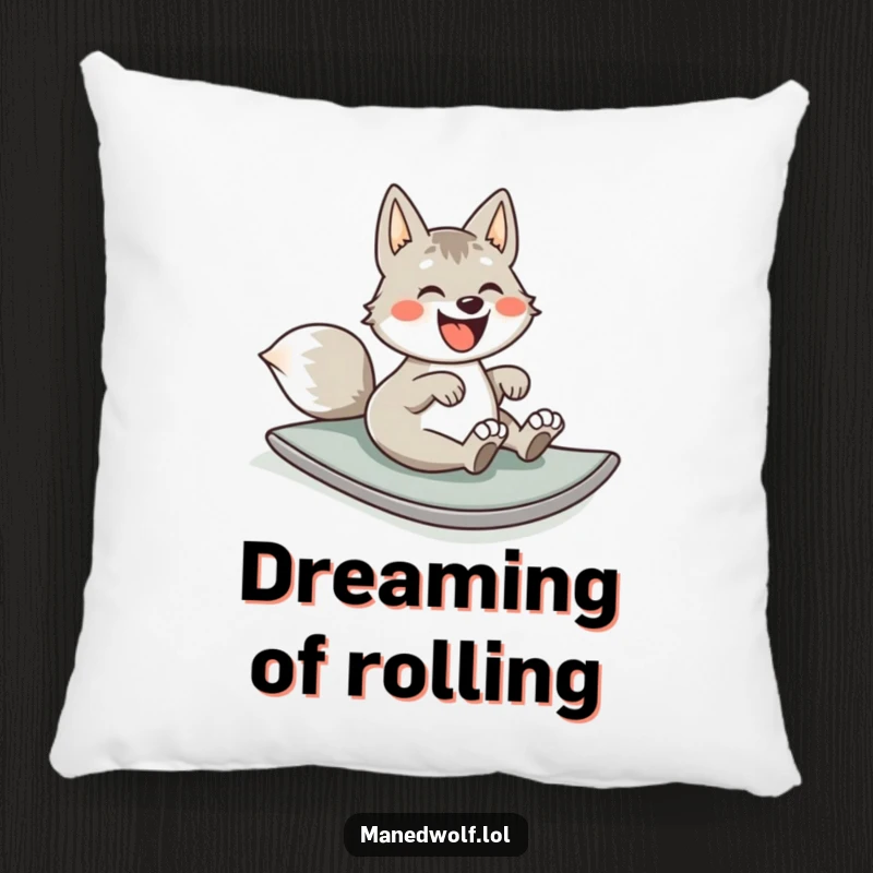 Funny pillow with a maned wolf rolling joyfully down a hill, adding a touch of playful comfort and humor to any room.