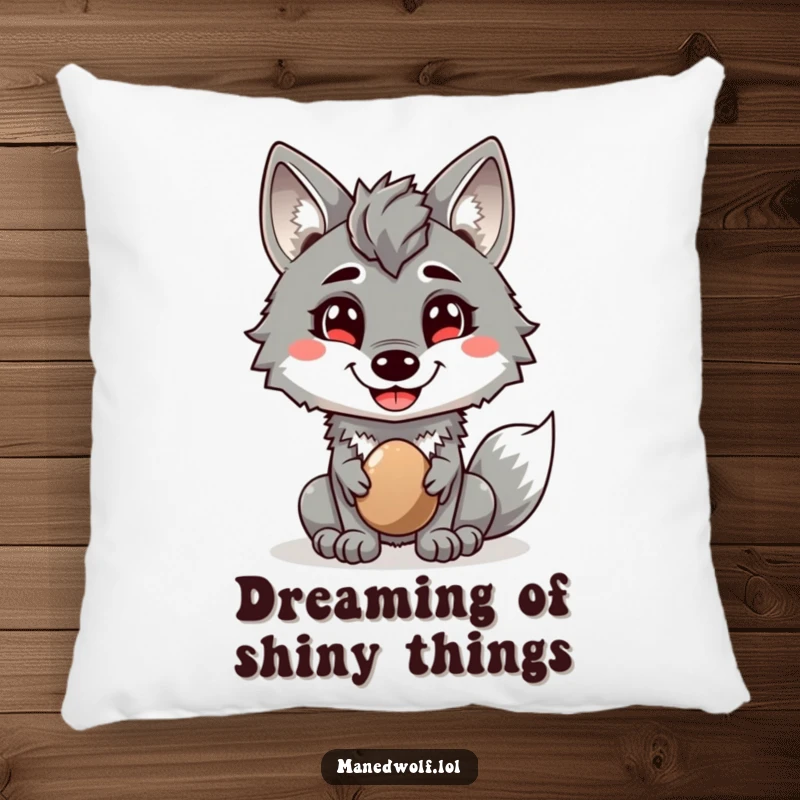 Funny pillow showcasing a cheerful maned wolf offering a shiny pebble, adding comfort and humorous charm to any room.