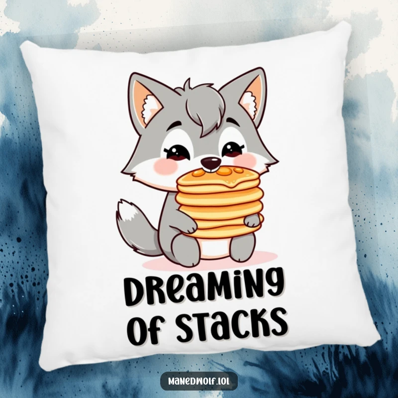 Funny, soft pillow featuring a kawaii maned wolf balancing a stack of pancakes on its nose, perfect for cozy mornings.