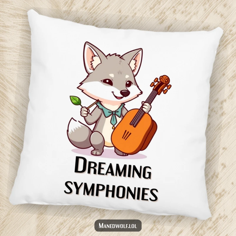 Funny, soft pillow featuring a kawaii maned wolf conducting an orchestra with a leaf, perfect for cozy concerts.