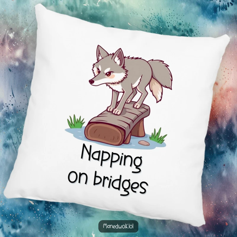 Funny determined maned wolf pillow, crossing a log bridge, soft decor symbolizing strength and balance.